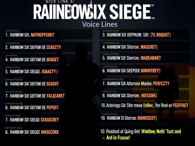 Rainbow Six Siege operators showcase with voice line bubbles representing iconic callouts like 'Breaching' and 'Grenade out'