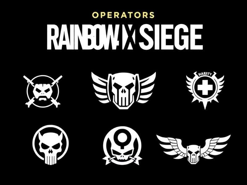 Rainbow Six Siege operator logos collage featuring CTU emblems from S.A.S., FBI SWAT, GSG9, and more
